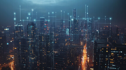 Fototapeta premium Smart Innovation city with connection cyber security network reciprocity over the night cityscape future wireless digital city and social media networking systems that connects people in the city
