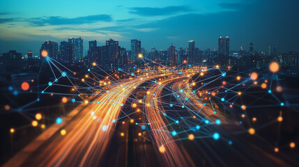 Fototapeta premium Smart Innovation city with connection cyber security network reciprocity over the night cityscape future wireless digital city and social media networking systems that connects people in the city