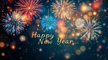 Happy New Year Festive Night Sky Celebration with Colorful Fireworks Display Background