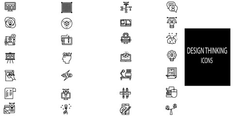 Design thinking simple concept 28 icons set. Contains such inspiration, empathy, ideation, implementation, prototyping, and testing.Vector illustration.