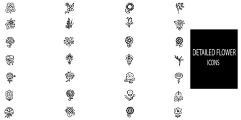Fototapeta premium Detailed flower simple concept 28 icons set. Contains such rose,sunflower,azalea,common poppy,begonia,tulips etc .Vector illustration.