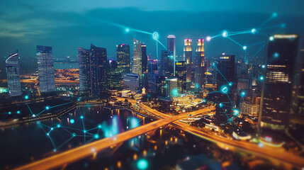 Obraz premium Smart Innovation city with connection cyber security network reciprocity over the night cityscape future wireless digital city and social media networking systems that connects people in the city
