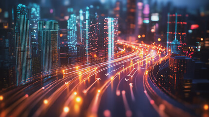 Fototapeta premium Smart Innovation city with connection cyber security network reciprocity over the night cityscape future wireless digital city and social media networking systems that connects people in the city