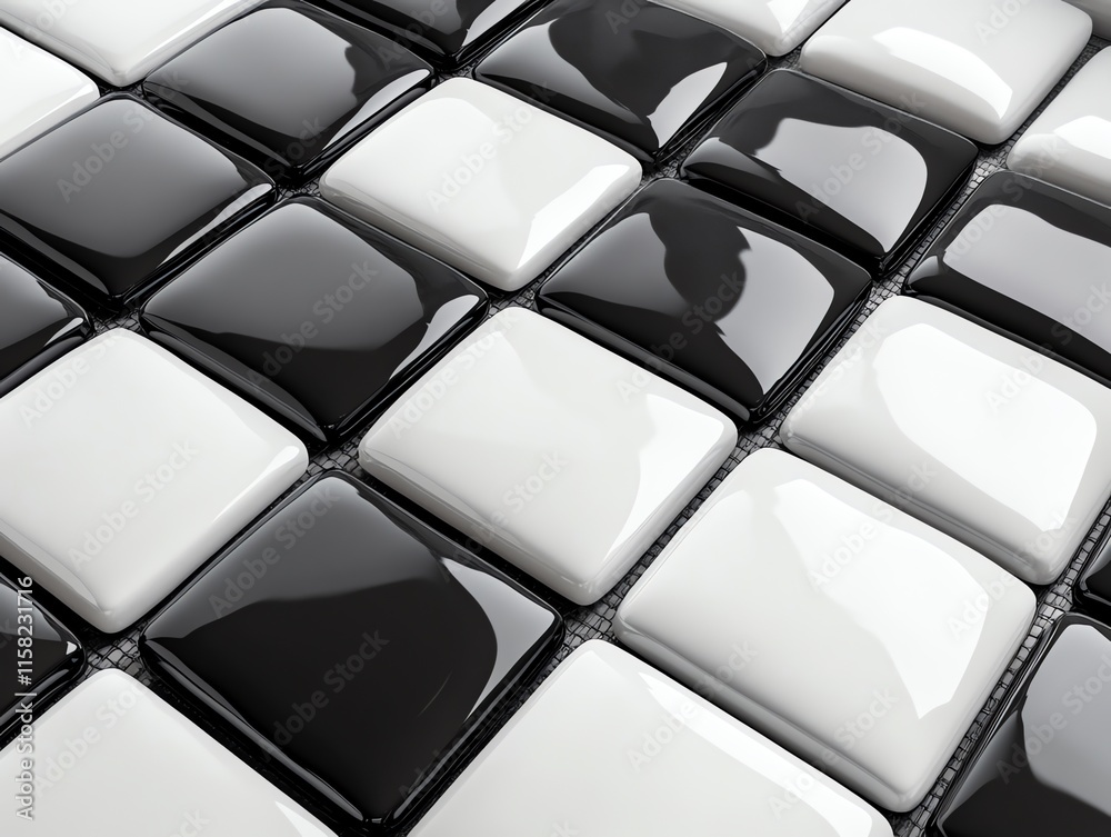 Poster A close-up of glossy black and white tiles arranged in a grid pattern.