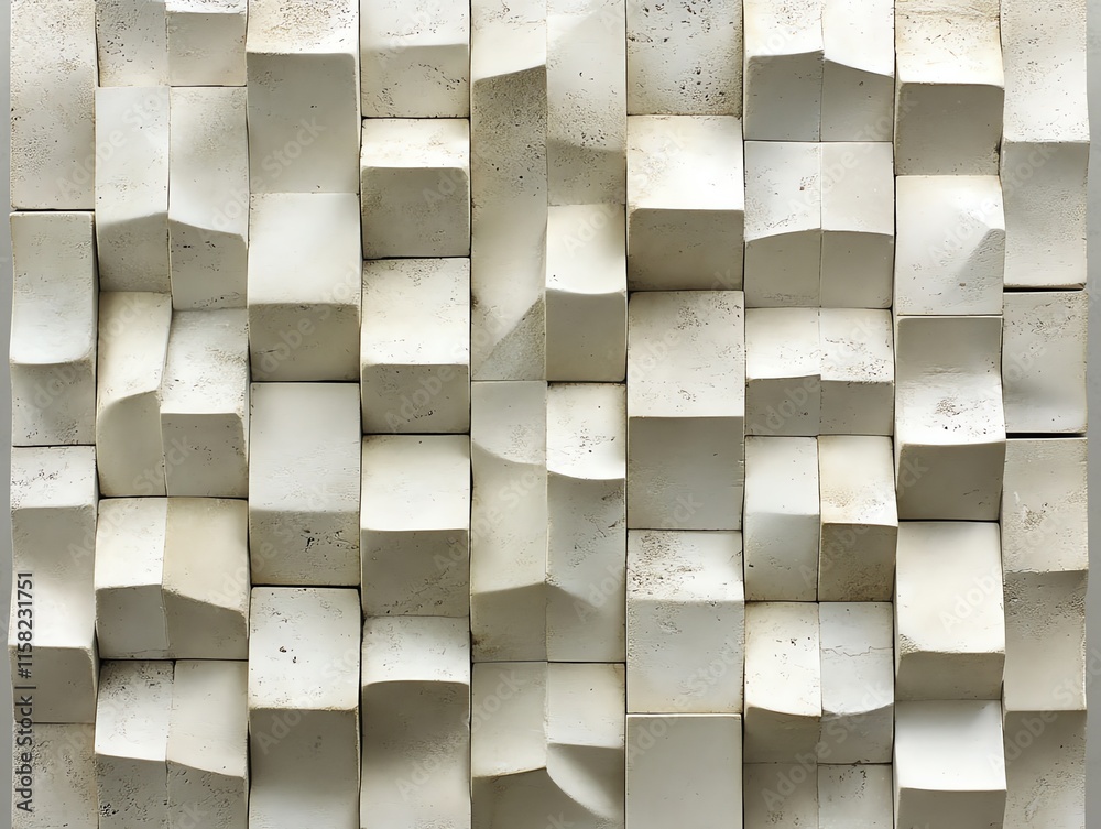 Poster Abstract arrangement of textured white blocks creating a three-dimensional wall effect.