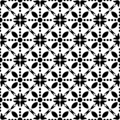 Seamless black and white geometric pattern, featuring a symmetrical design with floral motifs. Suitable for backgrounds, wallpapers, textiles, prints and various artistic projects.