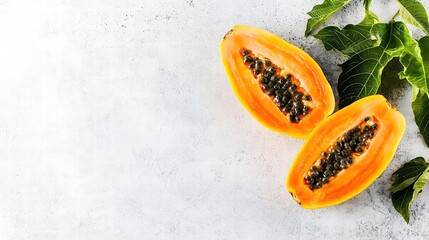 Half-cut papaya with vibrant orange flesh and seeds, set on a natural-toned background, ample space for advertising, balanced composition,