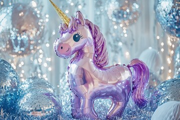 A dazzling purple unicorn balloon covered in metallic fringe, set in a festive scene with silver tinsel garlands and reflective disco balls..