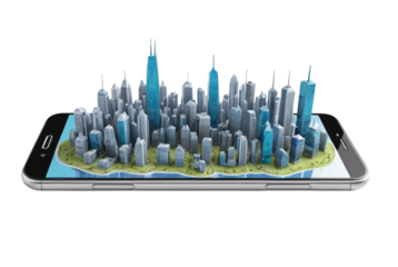 Digital city model on smartphone screen concept PNG