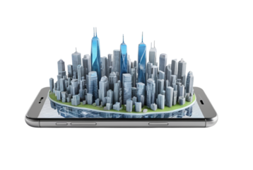 Digital city model on smartphone screen concept PNG