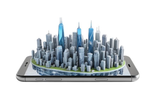 Digital city model on smartphone screen concept PNG