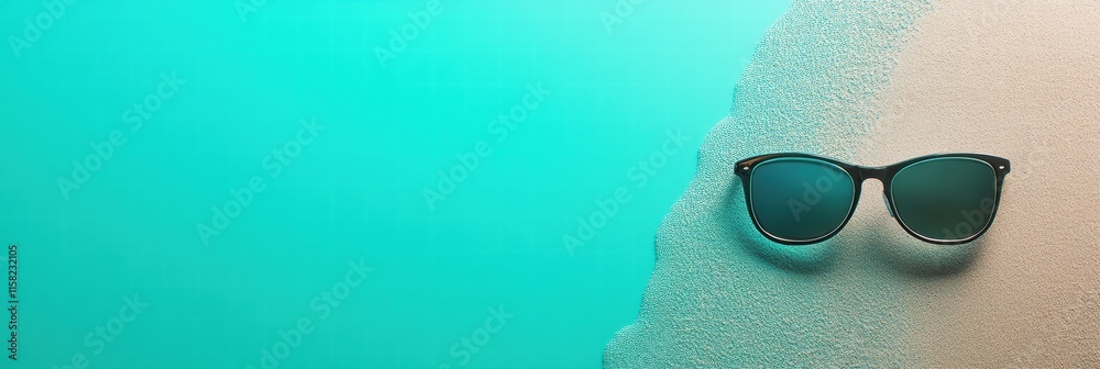 Aufkleber Sunglasses resting on soft sand against a bright blue background creating a calm and relaxing atmosphere. Generative AI