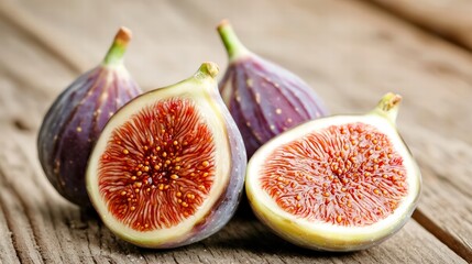 Half-cut fig with its intricate pulp and seeds, on a muted background with ample copy space for commercial use, balanced composition,