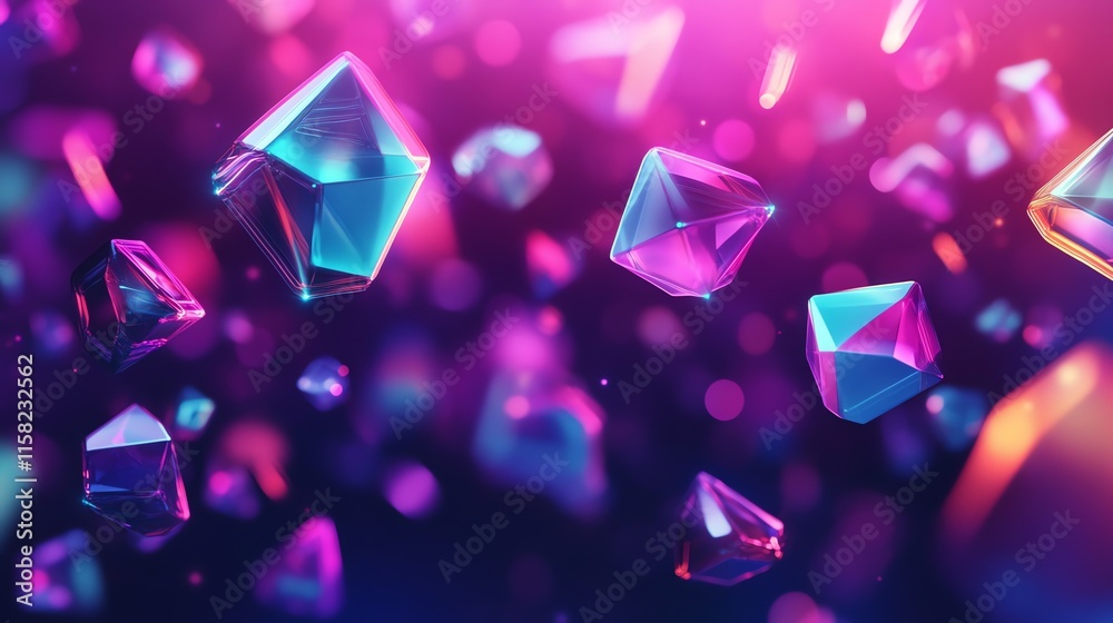 Poster a vibrant display of colorful, floating geometric crystals in a dreamy atmosphere.