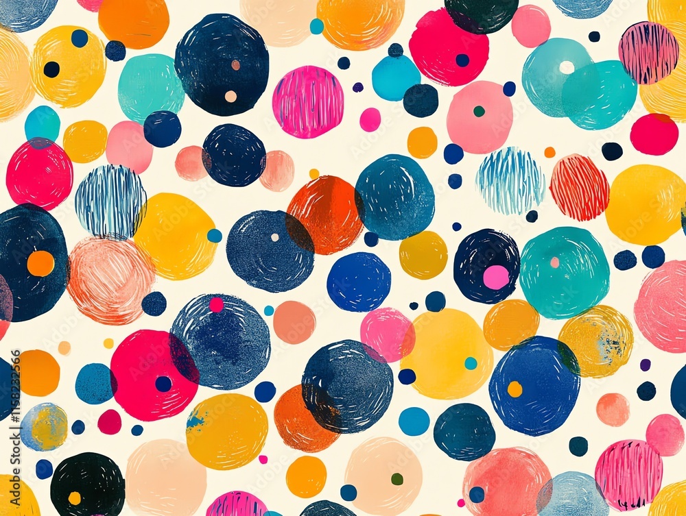 Poster a vibrant pattern of colorful circles on a light background, ideal for graphic design.