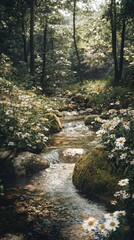 Obraz premium A peaceful stream winds around mossy boulders, illuminated by dappled sunlight, surrounded by dense greenery and vibrant wildflowers in a serene forest..