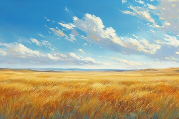 Obraz premium A serene plateau bathed in sunlight, with tall wild grasses swaying gently and a vast, endless sky stretching across the horizon..
