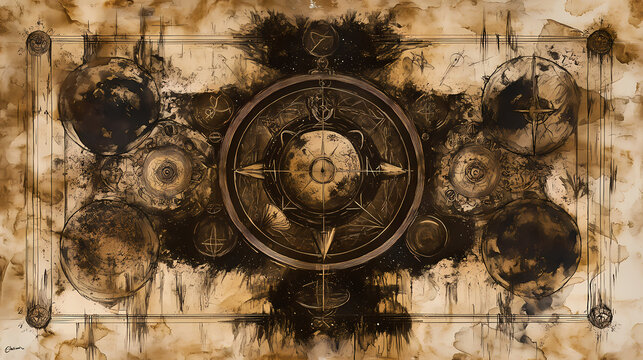 Esoteric artistic creations, complex symbols drawn on sepia paper, encircled with astrological signs and mysterious symbols. Obfuscate. Illustration
