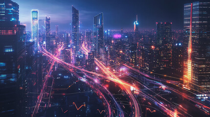 Smart Innovation city with connection cyber security network reciprocity over the night cityscape future wireless digital city and social media networking systems that connects people in the city