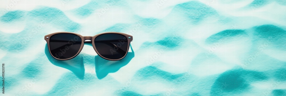 Poster stylish sunglasses resting on turquoise sandy beach during sunny day inviting summer vibes. generati