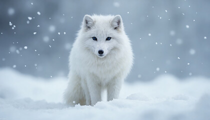 Fototapeta premium A beautiful Arctic fox standing in the snowy landscape during a snowfall