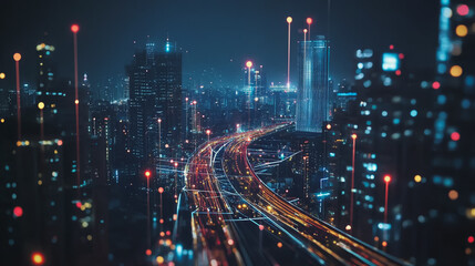 Obraz premium Smart Innovation city with connection cyber security network reciprocity over the night cityscape future wireless digital city and social media networking systems that connects people in the city
