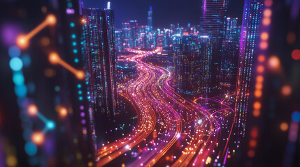 Fototapeta premium Smart Innovation city with connection cyber security network reciprocity over the night cityscape future wireless digital city and social media networking systems that connects people in the city