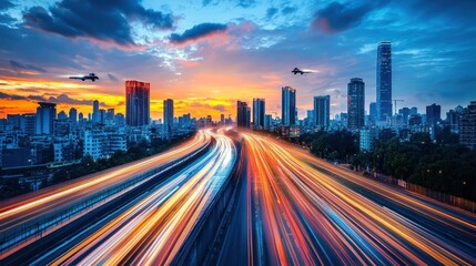 A vibrant cityscape at sunset with busy highways and aircraft in the sky.