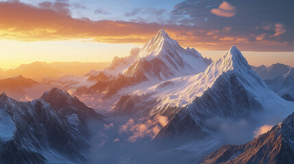 A cinematic photograph of the K2 mountain in snow, at sunrise, with an epic view, ultra-realistic in style