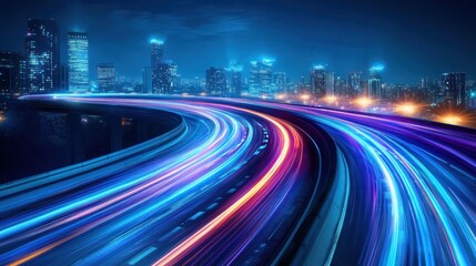 Fototapeta premium A vibrant cityscape at night with illuminated roadways and skyscrapers.