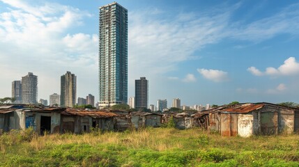 Obraz premium Contrasting luxury skyscraper next to rundown shacks in an urban landscape. Generative AI