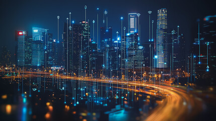Obraz premium Smart Innovation city with connection cyber security network reciprocity over the night cityscape future wireless digital city and social media networking systems that connects people in the city