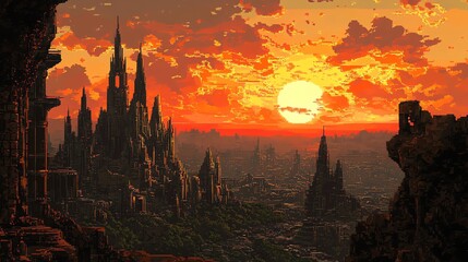 Naklejka premium A vibrant sunset over a fantastical, jagged cityscape filled with towering spires.