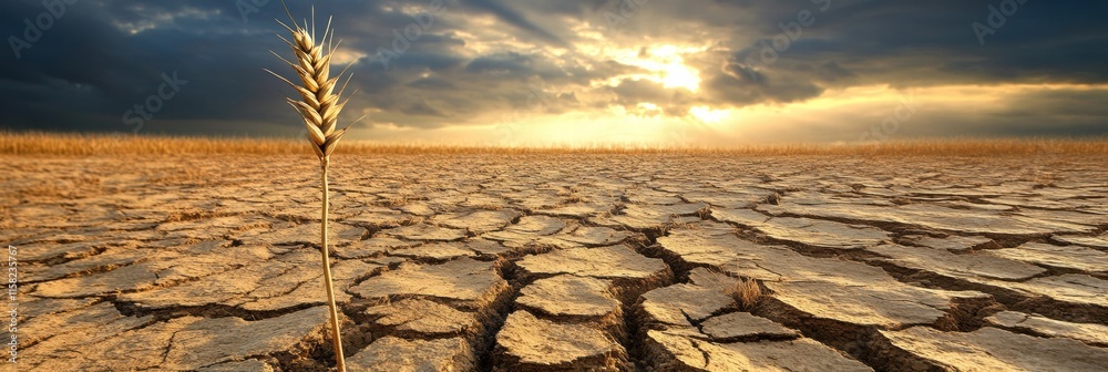 Aufkleber Desolate field with a single stalk of withered wheat against a dramatic sky at dusk. Generative AI