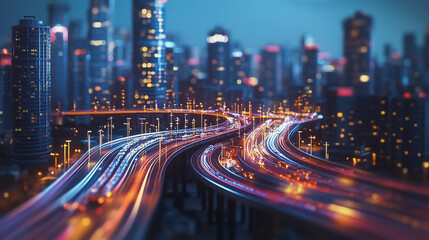 Fototapeta premium Smart Innovation city with connection cyber security network reciprocity over the night cityscape future wireless digital city and social media networking systems that connects people in the city