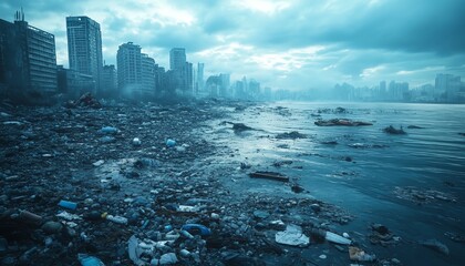 Concept of Earth s contamination with plastic, massive waste dumps, polluted landscape, toxic atmosphere, ocean covered in plastic, environmental collapse, dystopian setting