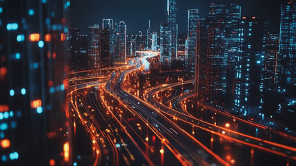 Fototapeta premium Smart Innovation city with connection cyber security network reciprocity over the night cityscape future wireless digital city and social media networking systems that connects people in the city