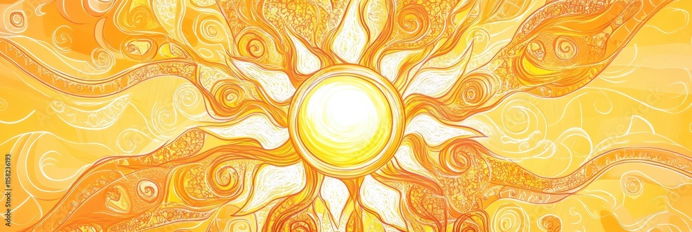 Poster Bright and cheerful doodle of a sun with pancake like rays shining brightly in a colorful background. Generative AI
