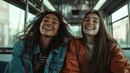 Young female friends riding city bus