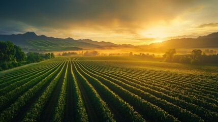 Lush vineyard landscape at sunrise with misty mountains in the background.