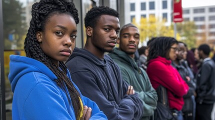 Line of people outside unemployment office, reflecting the challenges and resilience of individuals facing economic hardship, community solidarity in uncertain times.
