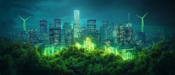 Fototapeta premium Ecoconscious sustainable development, smart city with solar and wind energy, green architecture, sustainable transportation, environmental protection, digital AI concept art