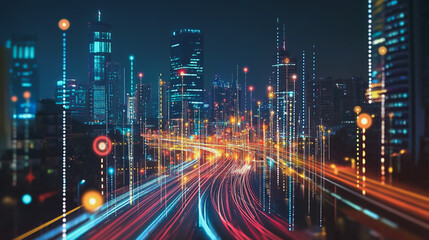 Obraz premium Smart Innovation city with connection cyber security network reciprocity over the night cityscape future wireless digital city and social media networking systems that connects people in the city