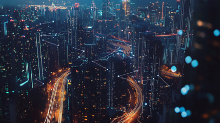 Obraz premium Smart Innovation city with connection cyber security network reciprocity over the night cityscape future wireless digital city and social media networking systems that connects people in the city