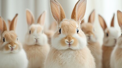 Obraz premium A group of cute, fluffy rabbits stands close together, showcasing their soft fur and alert expressions, creating an adorable scene.