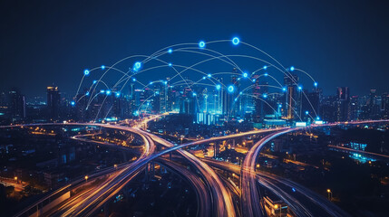 Smart Innovation city with connection cyber security network reciprocity over the night cityscape future wireless digital city and social media networking systems that connects people in the city