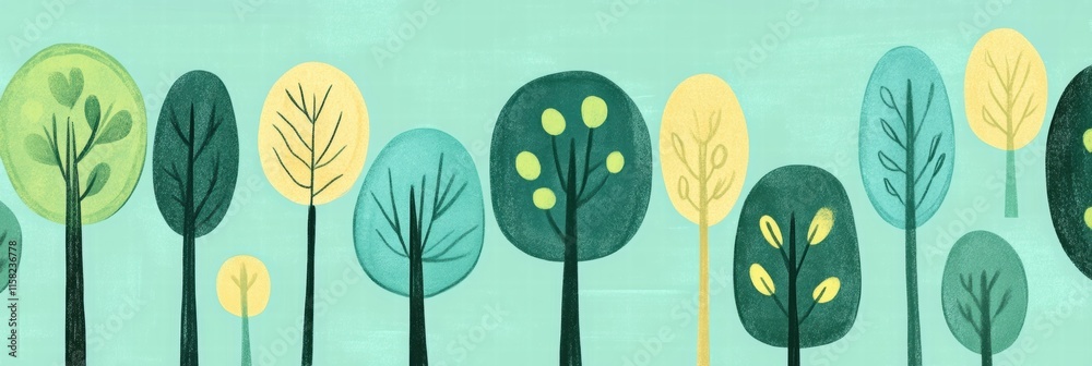 Poster colorful naive art style background featuring diverse trees with copy space for text placement. gene