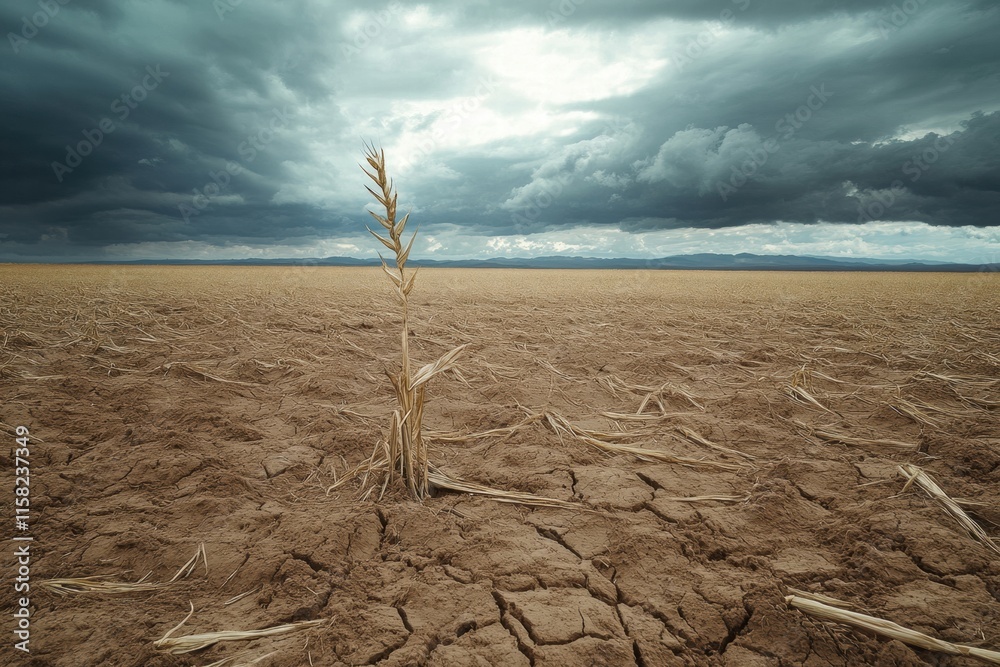 Poster withered wheat stalk stands alone in dry barren field under looming storm clouds. generative ai