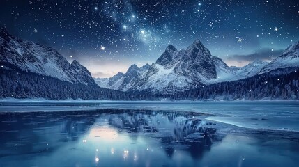 A serene winter landscape featuring snow-capped mountains and a starry night sky reflected in water.