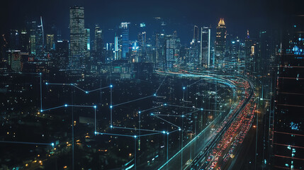 Fototapeta premium Smart Innovation city with connection cyber security network reciprocity over the cityscape . future wireless digital city and social media networking systems that connects people with in the city